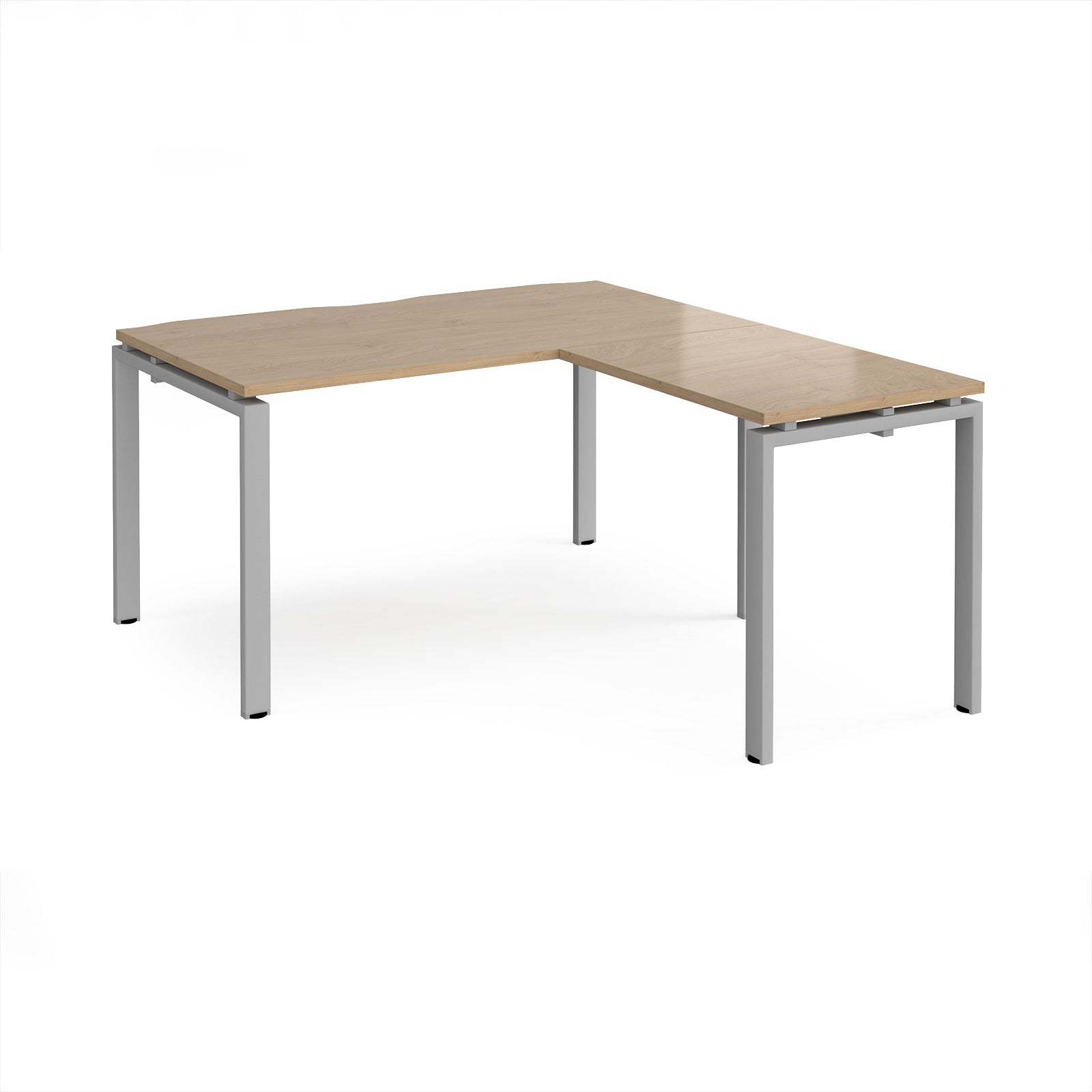 L-shaped desk with wood-effect top and silver metal frame on a white background