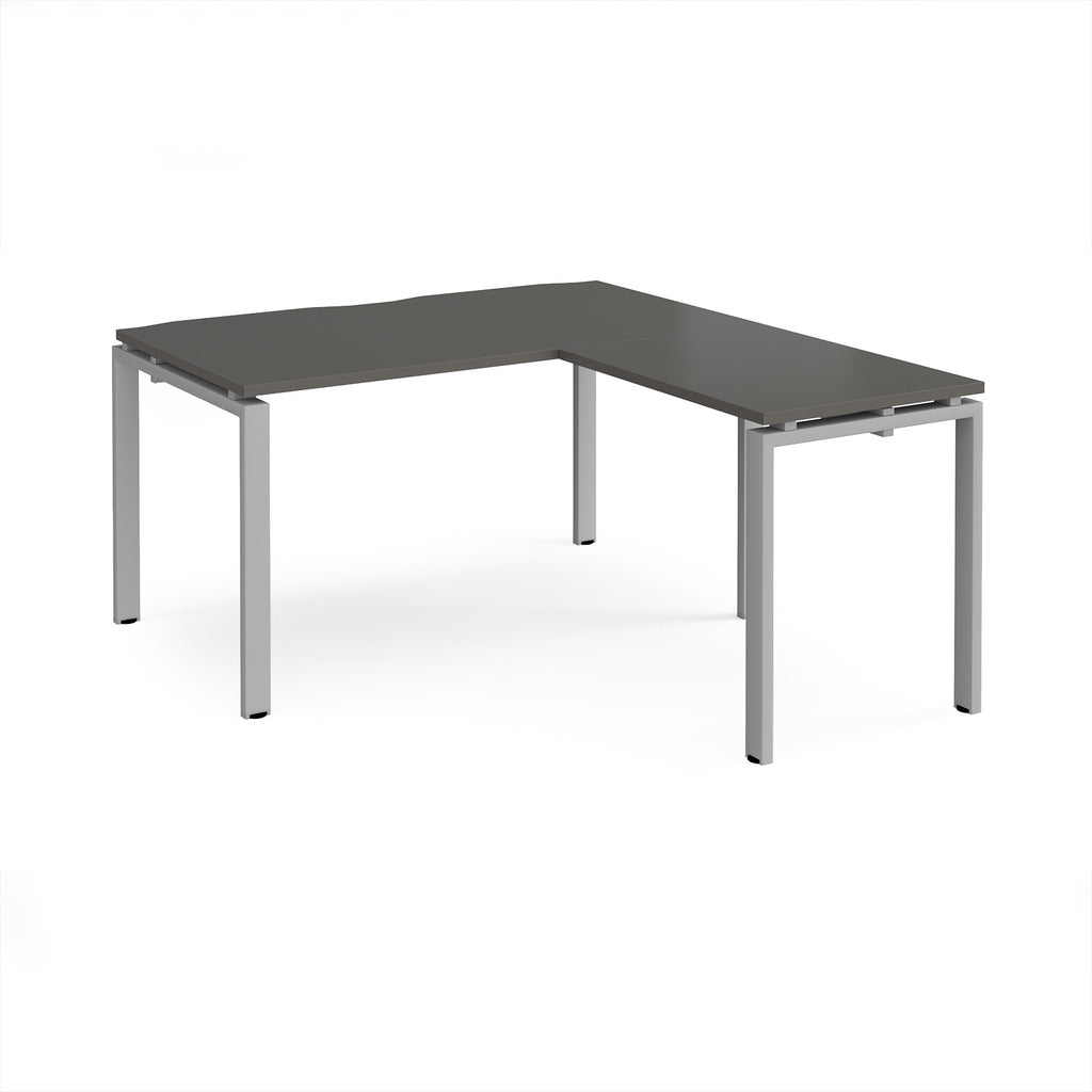 L-shaped desk with grey top and silver metal frame on a white background