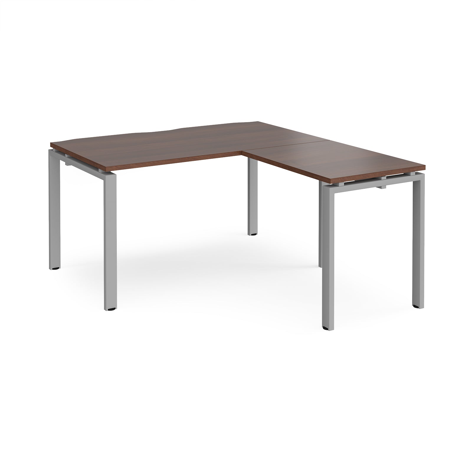 L-shaped desk with wood-effect top and silver metal frame on a white background