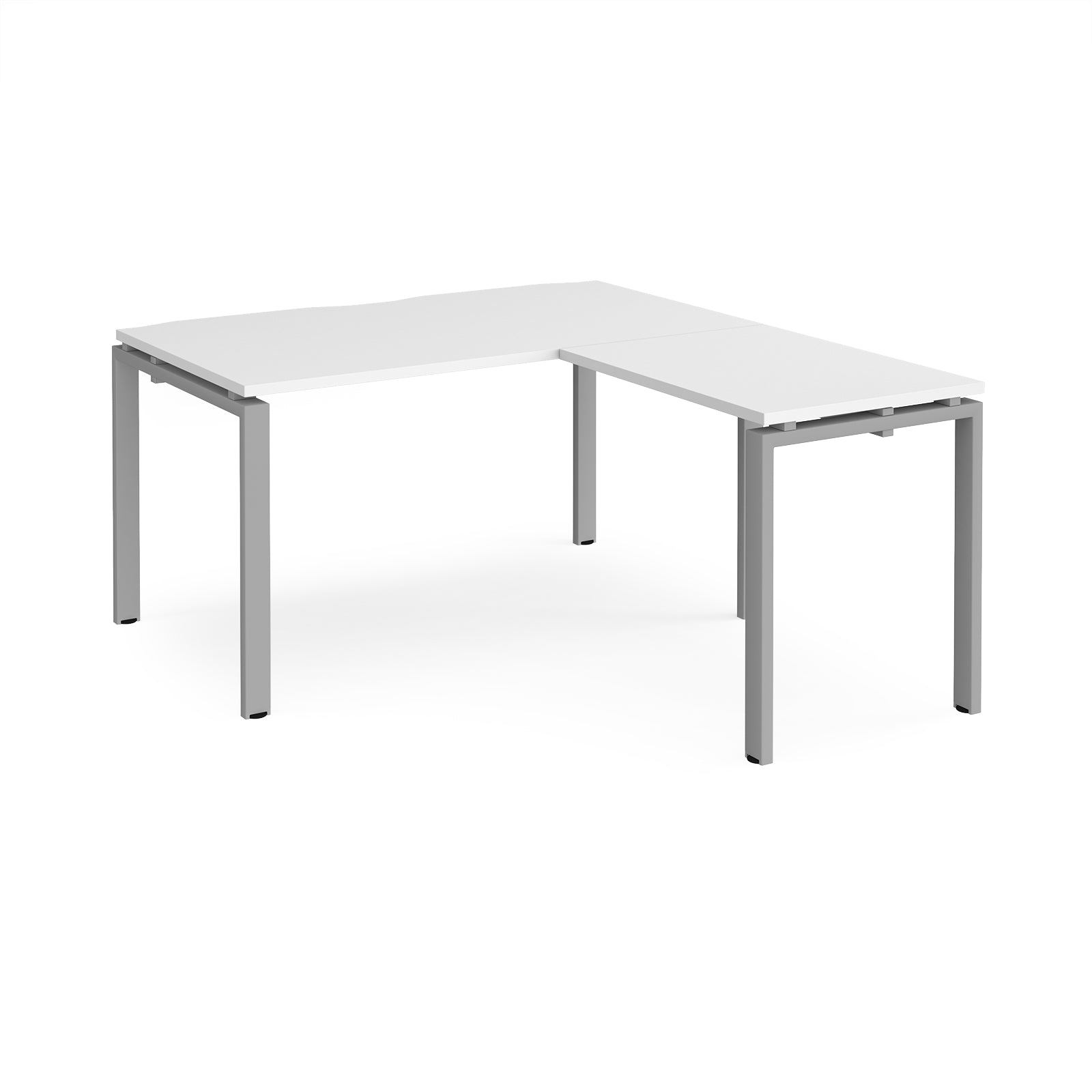 L-shaped desk with white white top and silver metal frame on a white background