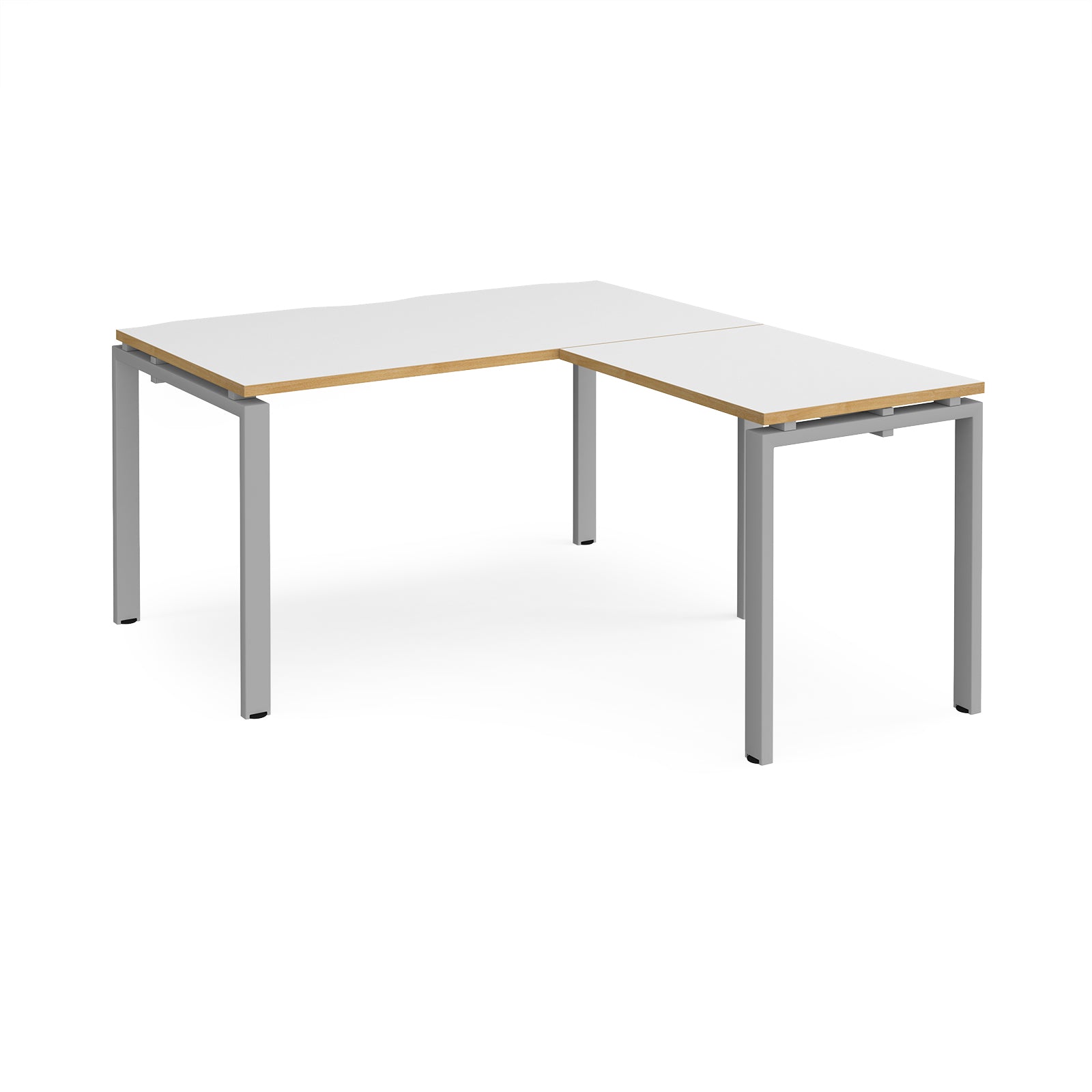 L-shaped desk with white top with wooden edges and silver metal frame on a white background