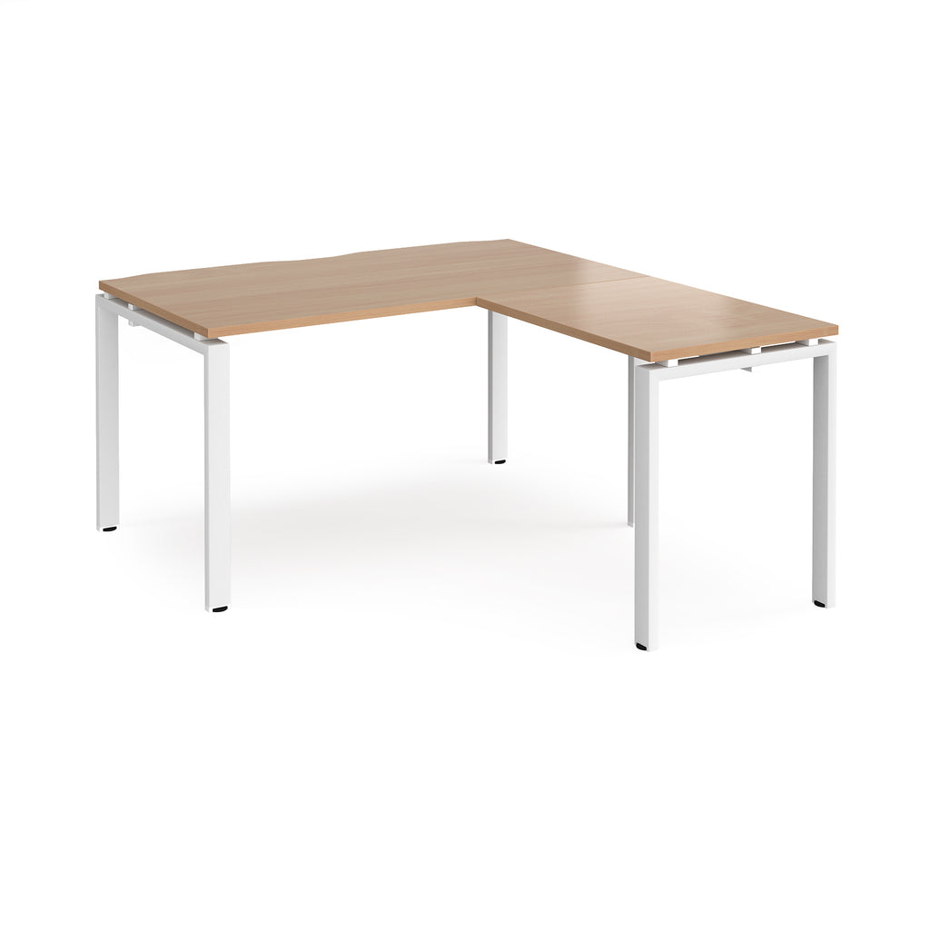 L-shaped desk with wood-effect top and white metal frame on a white background