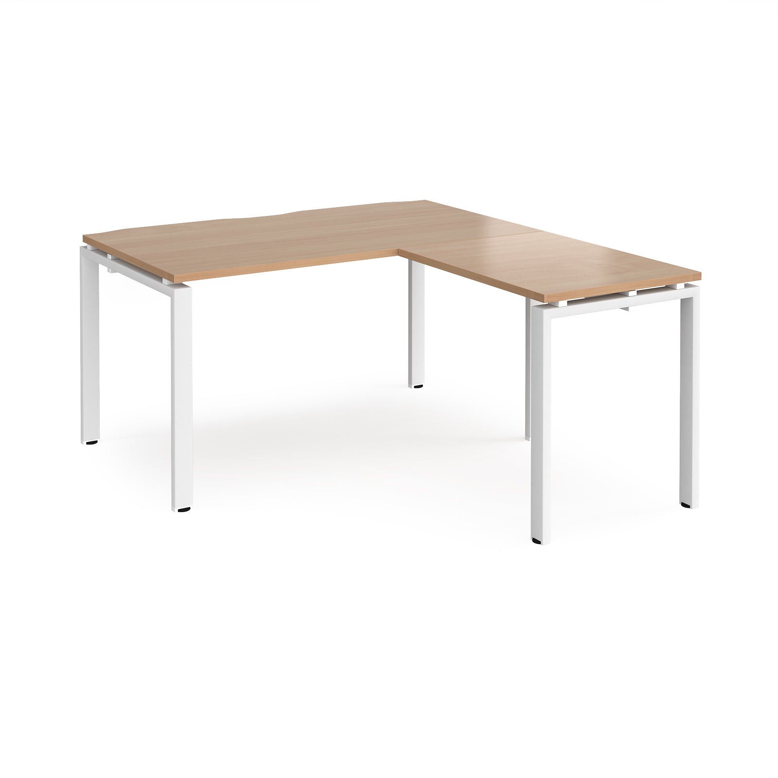 L-shaped desk with wood-effect top and white metal frame on a white background
