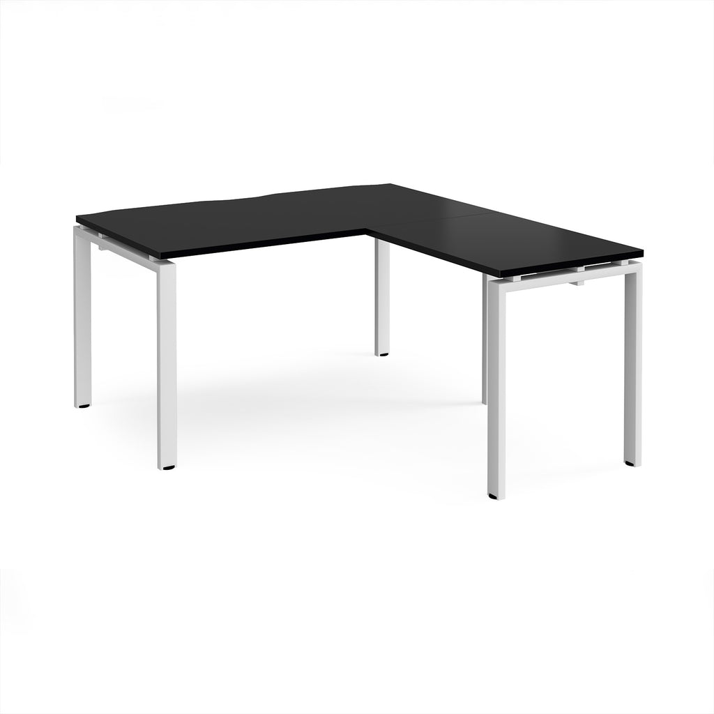 L-shaped desk with black top and white metal frame on a white background