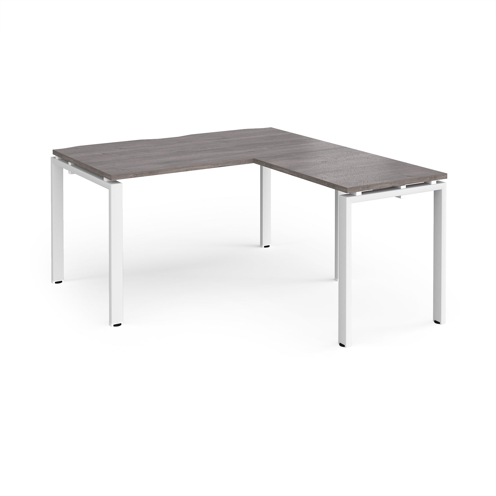 L-shaped desk with grey wood-effect top and white metal frame on a white background