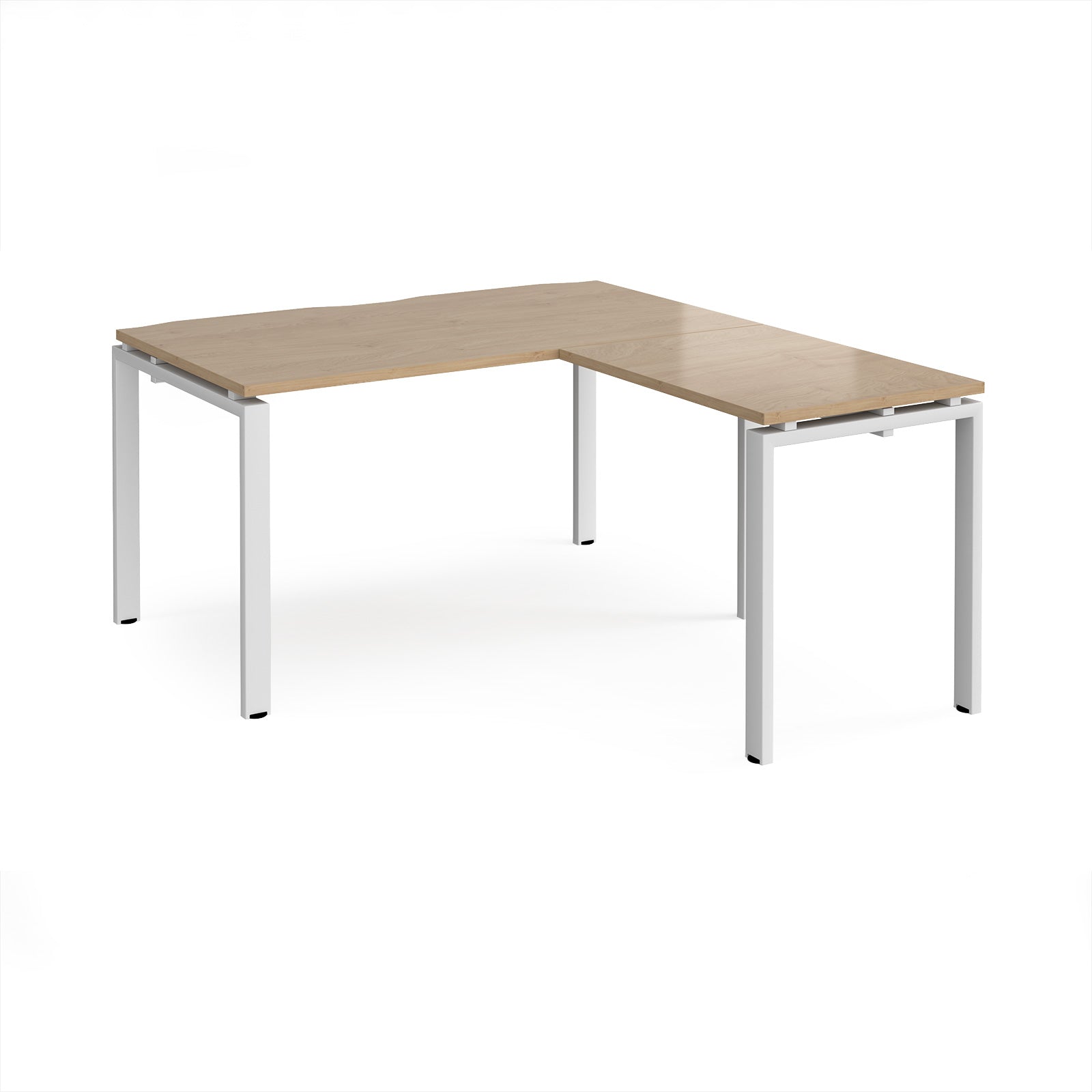 L-shaped desk with wood-effect top and white metal frame on a white background