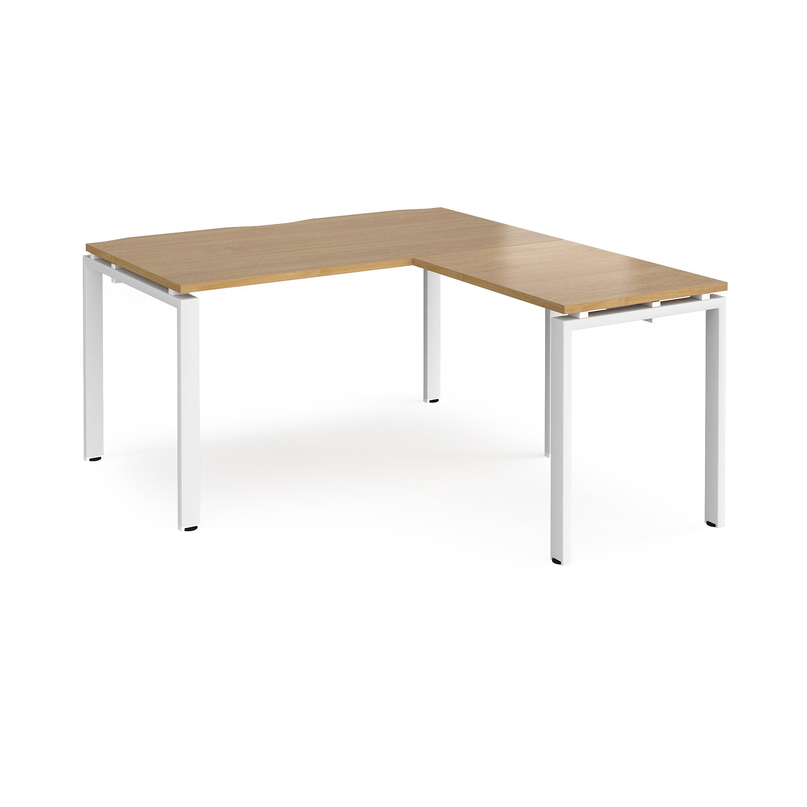 L-shaped desk with wood-effect top and white metal frame on a white background