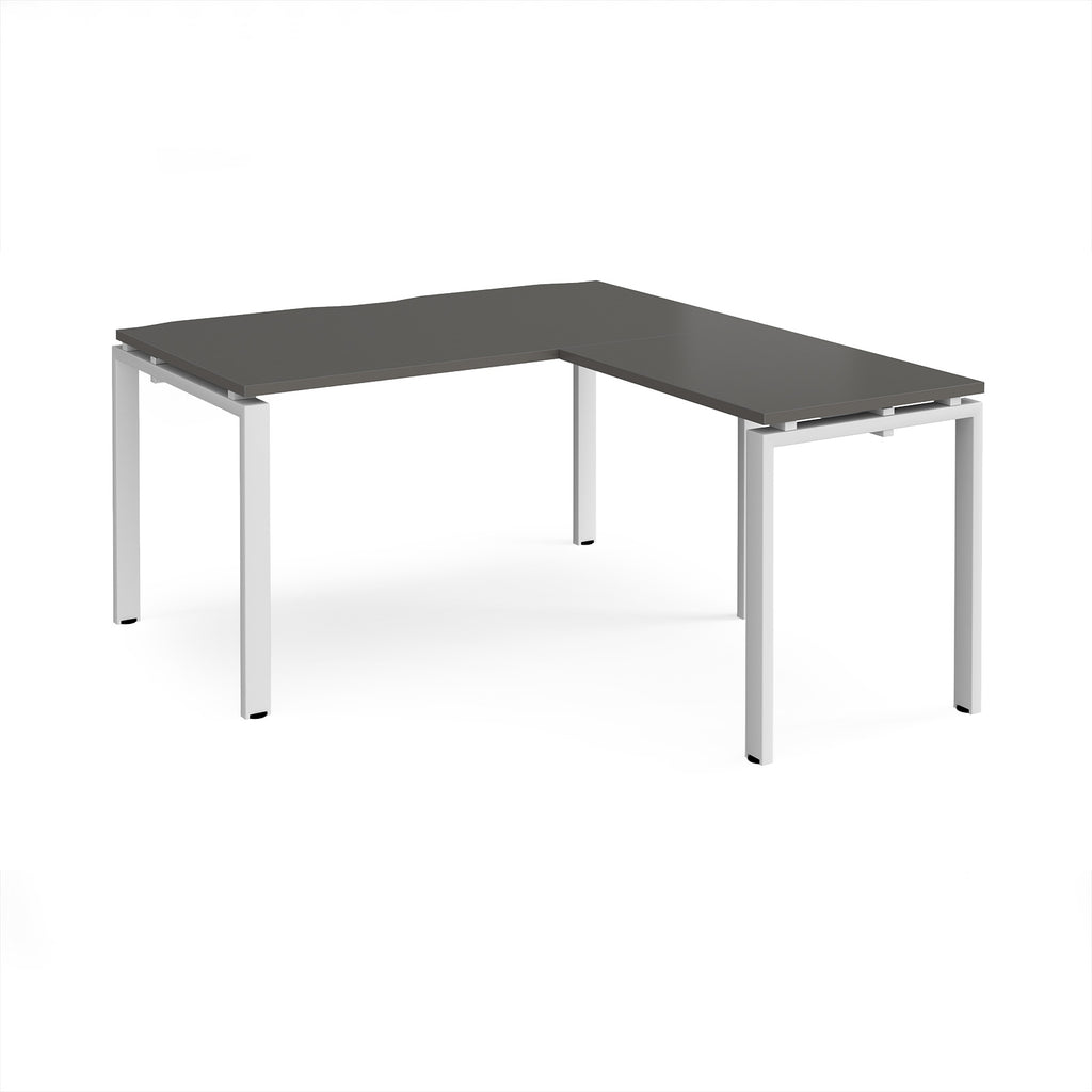 L-shaped desk with grey top and white metal frame on a white background