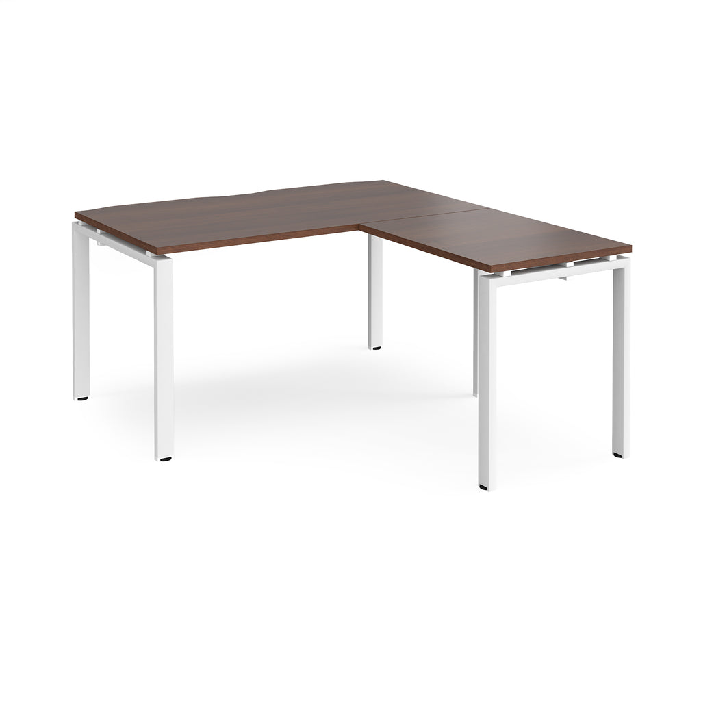 L-shaped desk with wood-effect top and white metal frame on a white background