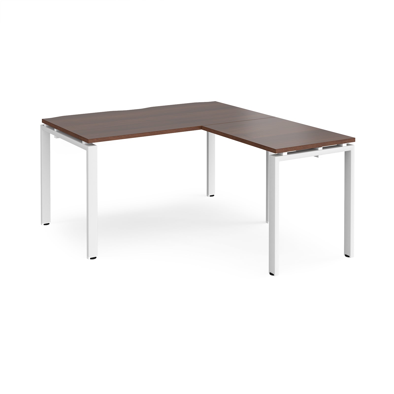 L-shaped desk with wood-effect top and white metal frame on a white background