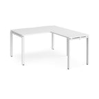 White L-shaped desk with metal frame on a white background