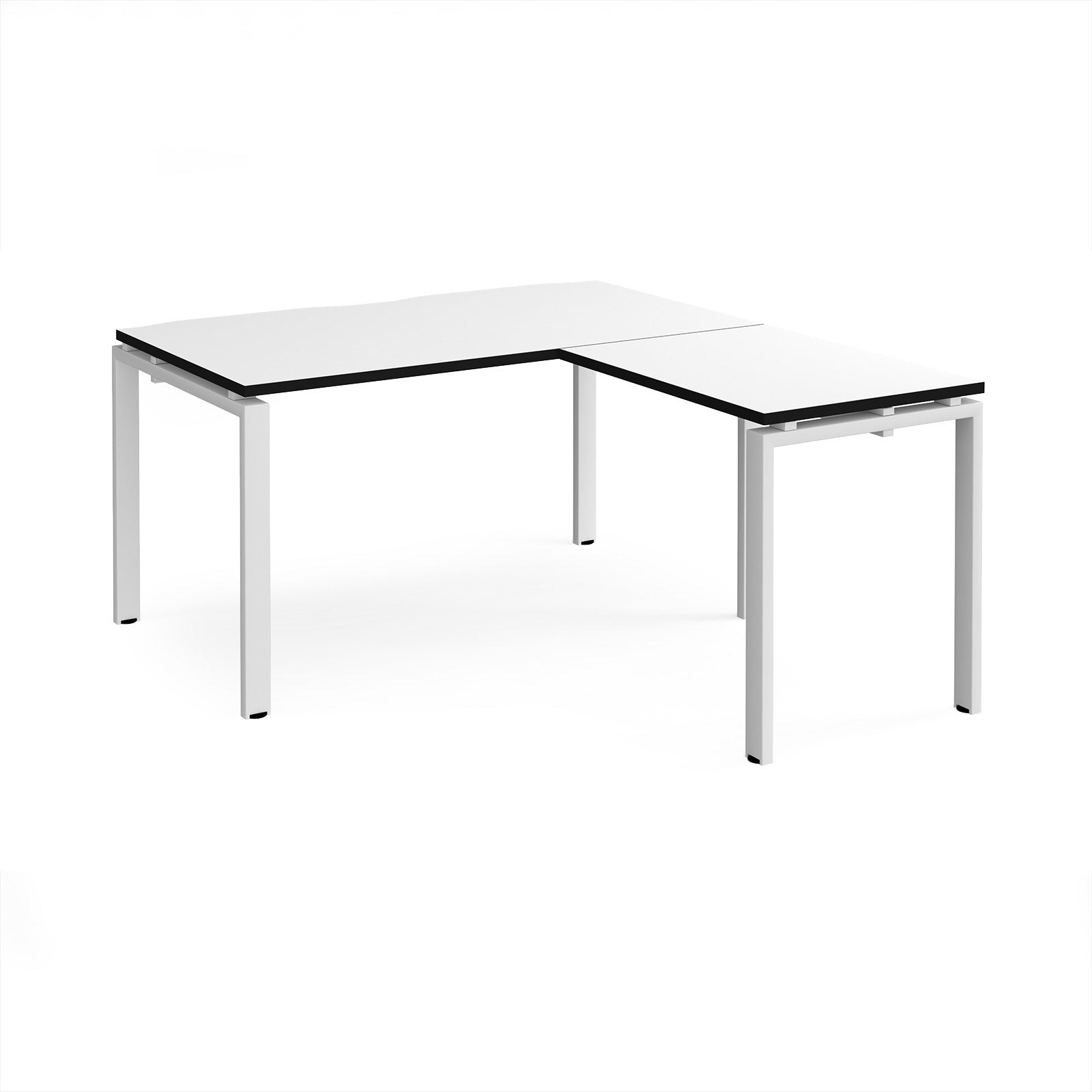 L-shaped desk with white top with black edges and white metal frame on a white background