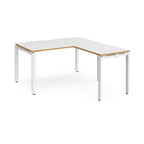 L-shaped desk with white top with wooden edges and white metal frame on a white background
