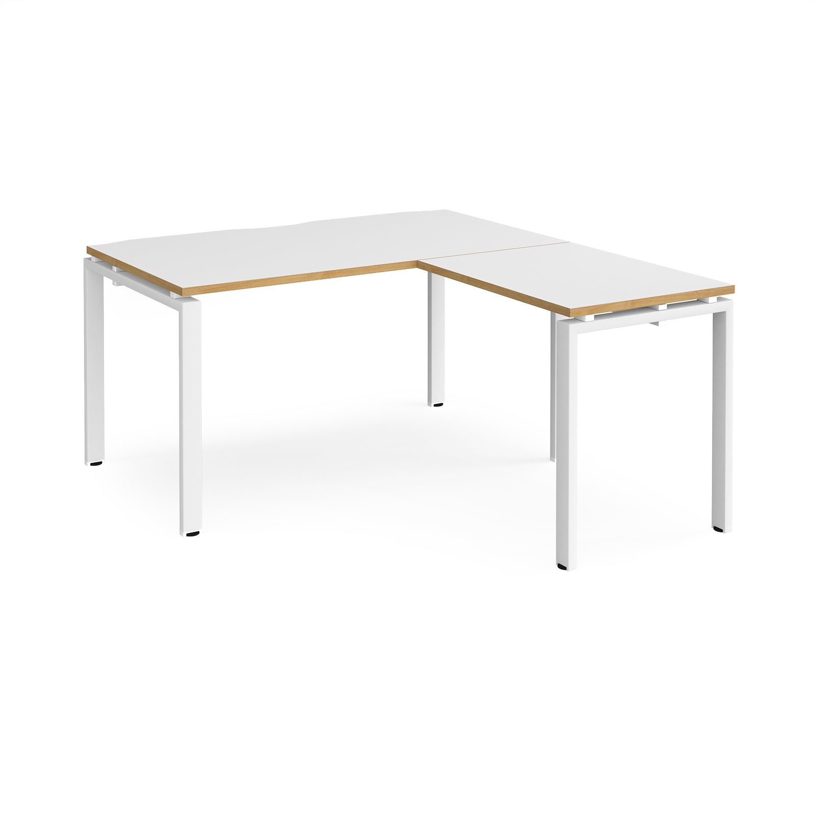 L-shaped desk with white top with wooden edges and white metal frame on a white background