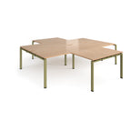 L-shaped office desks cluster with wood-effect top and green metal legs on a white background
