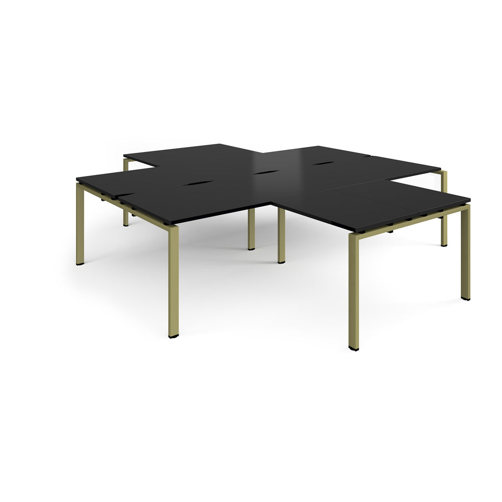 L-shaped office desks cluster with black top and green metal legs on a white background