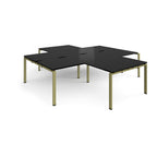 L-shaped office desks cluster with black top and green metal legs on a white background
