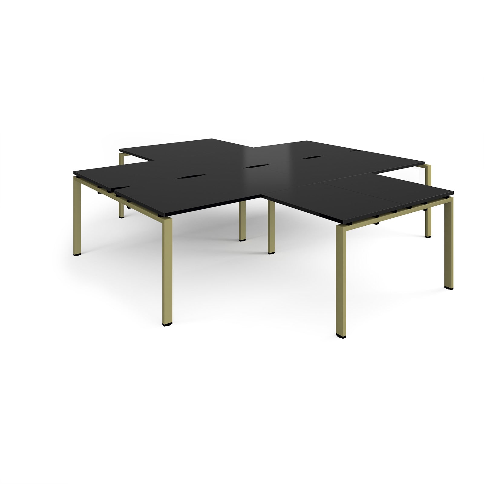 L-shaped office desks cluster with black top and green metal legs on a white background