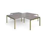 L-shaped office desks cluster with grey wood-effect top and green metal legs on a white background