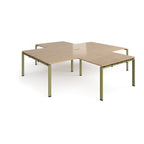 L-shaped office desks cluster with wood-effect top and green metal legs on a white background