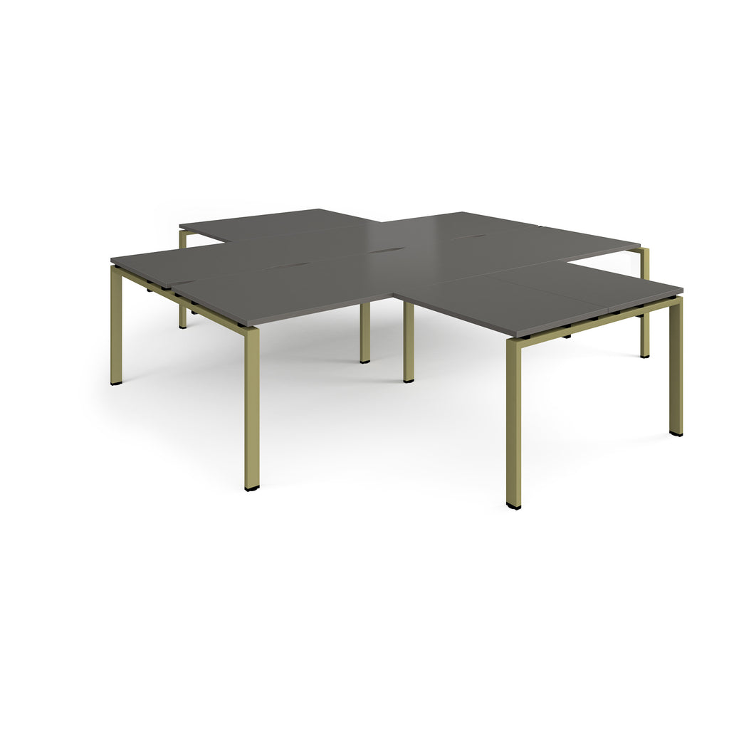 L-shaped office desks cluster with grey top and green metal legs on a white background