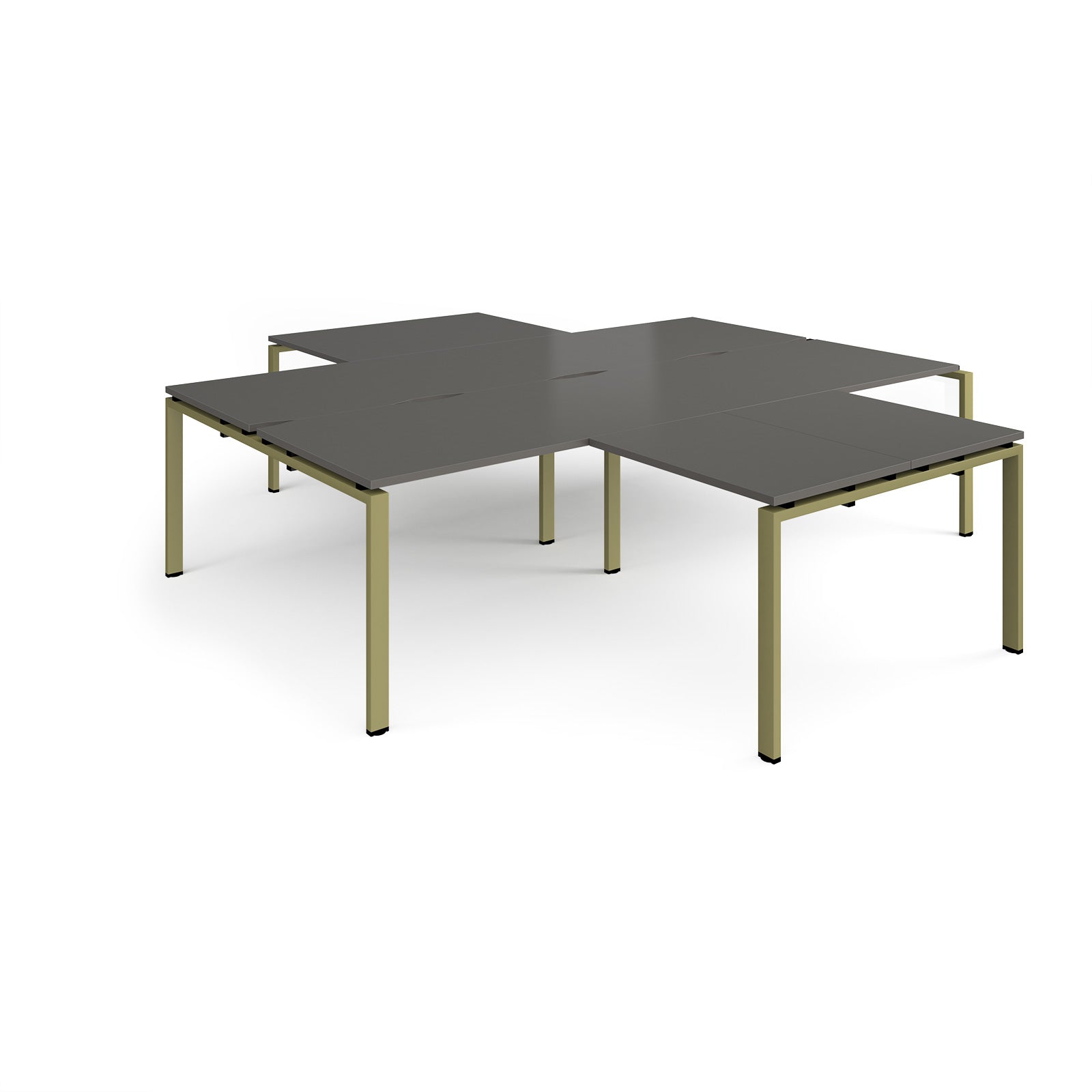 L-shaped office desks cluster with grey top and green metal legs on a white background