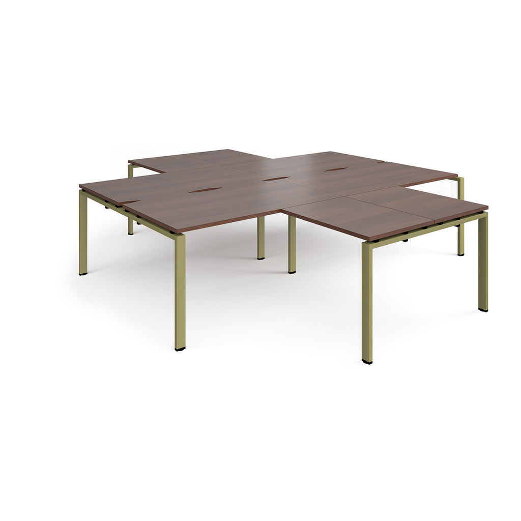 L-shaped office desks cluster with wood-effect top and green metal legs on a white background