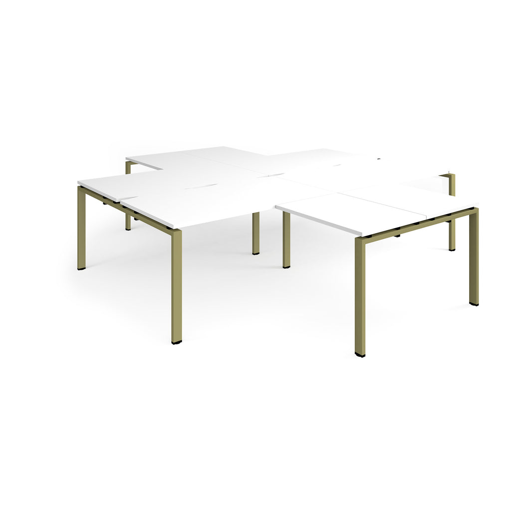 L-shaped office desks cluster with white top and green metal legs on a white background