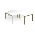 L-shaped office desks cluster with white top and green metal legs on a white background