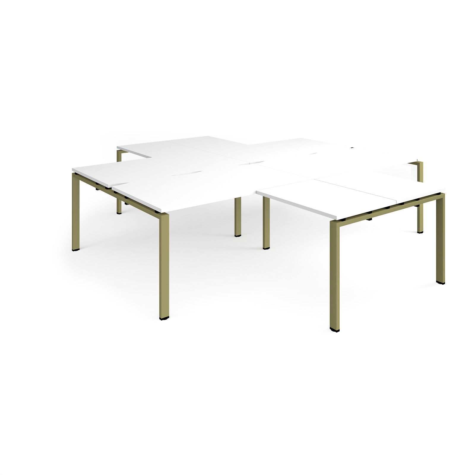 L-shaped office desks cluster with white top and green metal legs on a white background