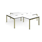 L-shaped office desks cluster with white top with black edges and green metal legs on a white background