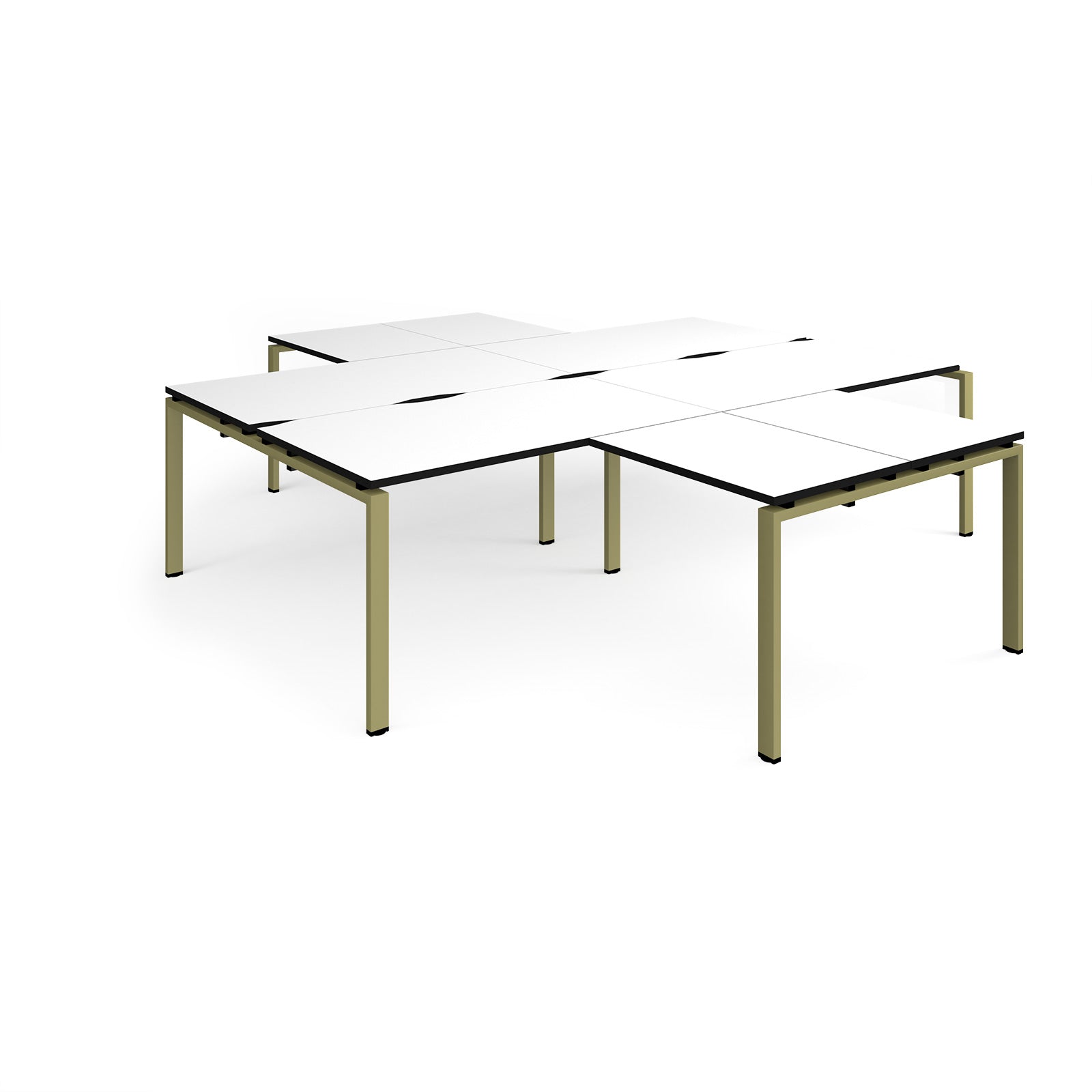 L-shaped office desks cluster with white top with black edges and green metal legs on a white background