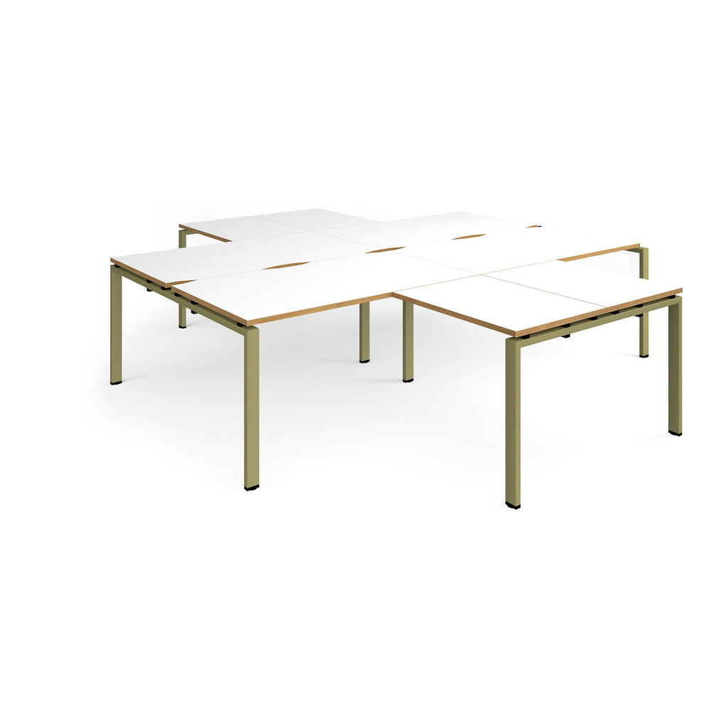 L-shaped office desks cluster with white top with wooden edges and green metal legs on a white background