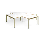L-shaped office desks cluster with white top with wooden edges and green metal legs on a white background