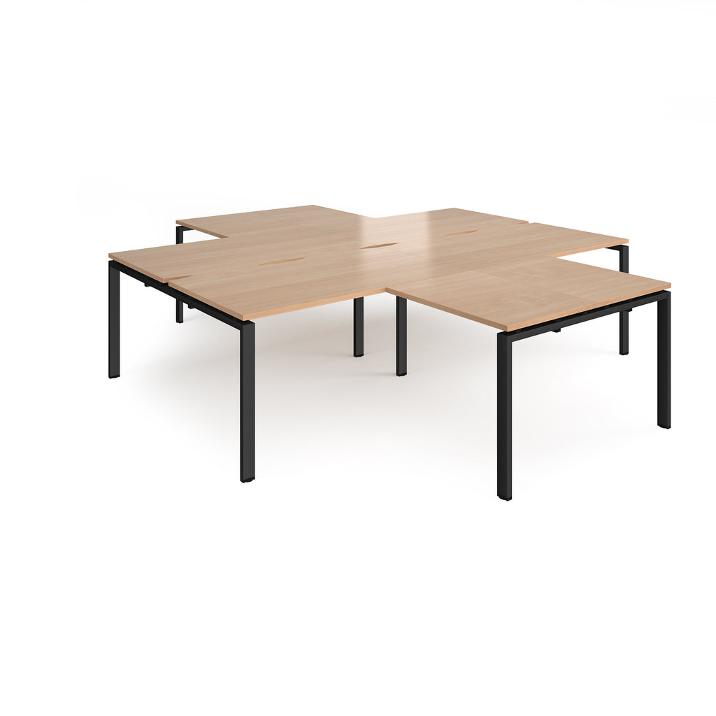 L-shaped office desks cluster with wood-effect top and black metal legs on a white background