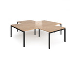 L-shaped office desks cluster with wood-effect top and black metal legs on a white background
