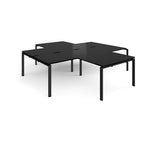 L-shaped office desks cluster with black top and metal legs on a white background