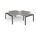 L-shaped office desks cluster with grey wood-effect top and black metal legs on a white background