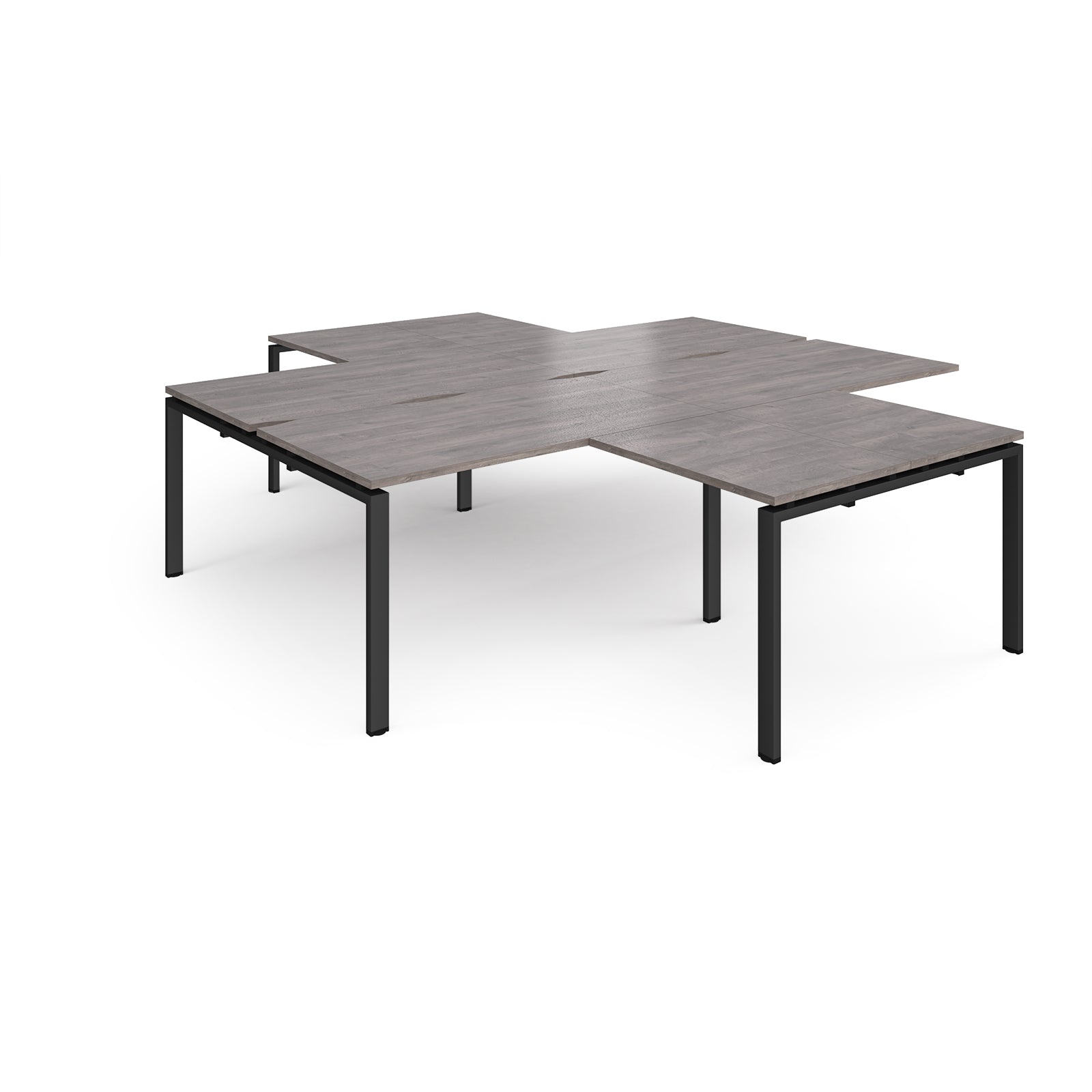 L-shaped office desks cluster with grey wood-effect top and black metal legs on a white background