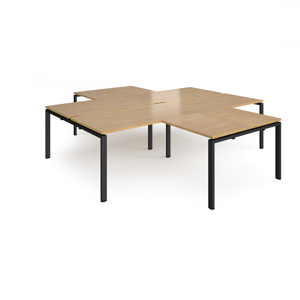 L-shaped office desks cluster with wood-effect top and black metal legs on a white background