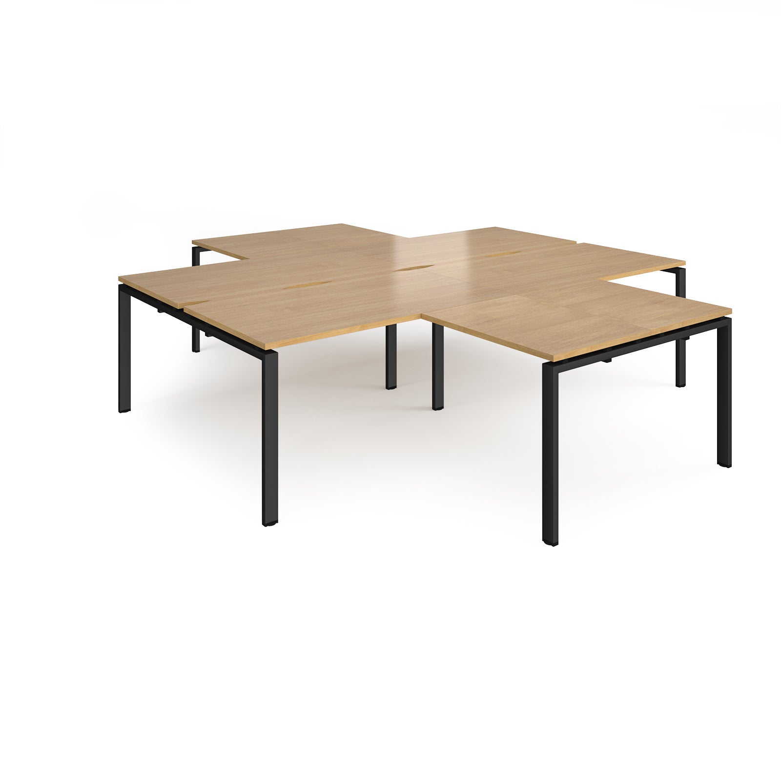 L-shaped office desks cluster with wood-effect top and black metal legs on a white background