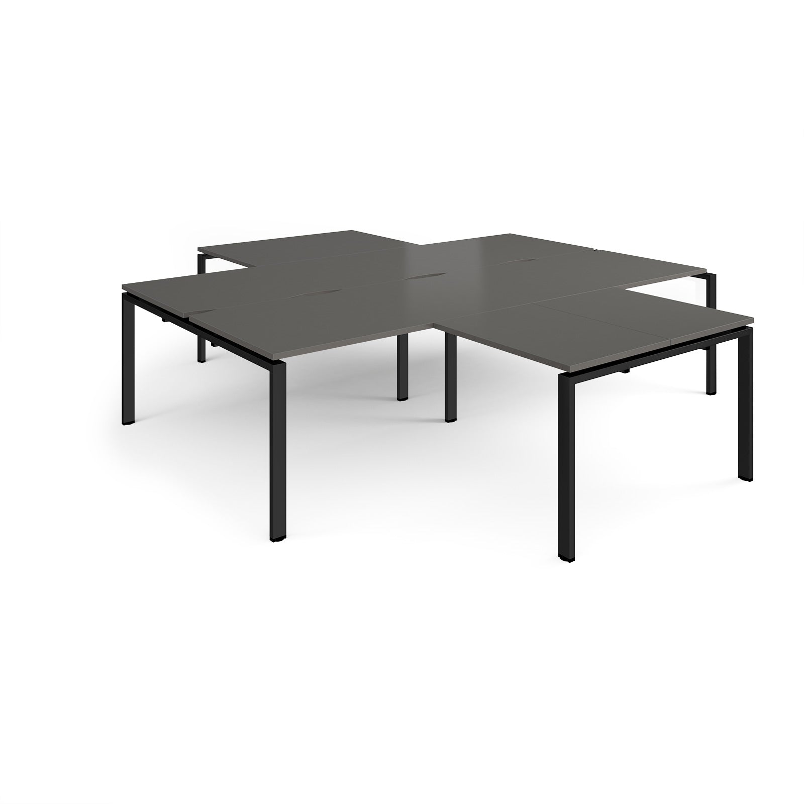 L-shaped office desks cluster with grey top and black metal legs on a white background