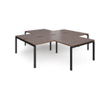 L-shaped office desks cluster with wood-effect top and black metal legs on a white background