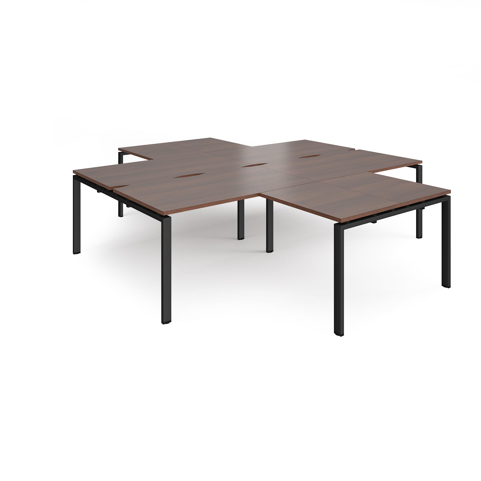L-shaped office desks cluster with wood-effect top and black metal legs on a white background