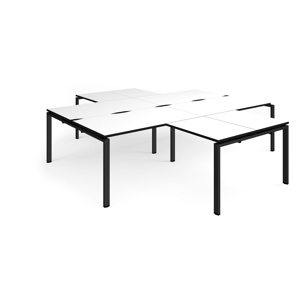 L-shaped office desks cluster with white top with black edges and black metal legs on a white background