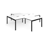 L-shaped office desks cluster with white top with black edges and black metal legs on a white background