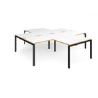 L-shaped office desks cluster with white top with wooden edges and black metal legs on a white background