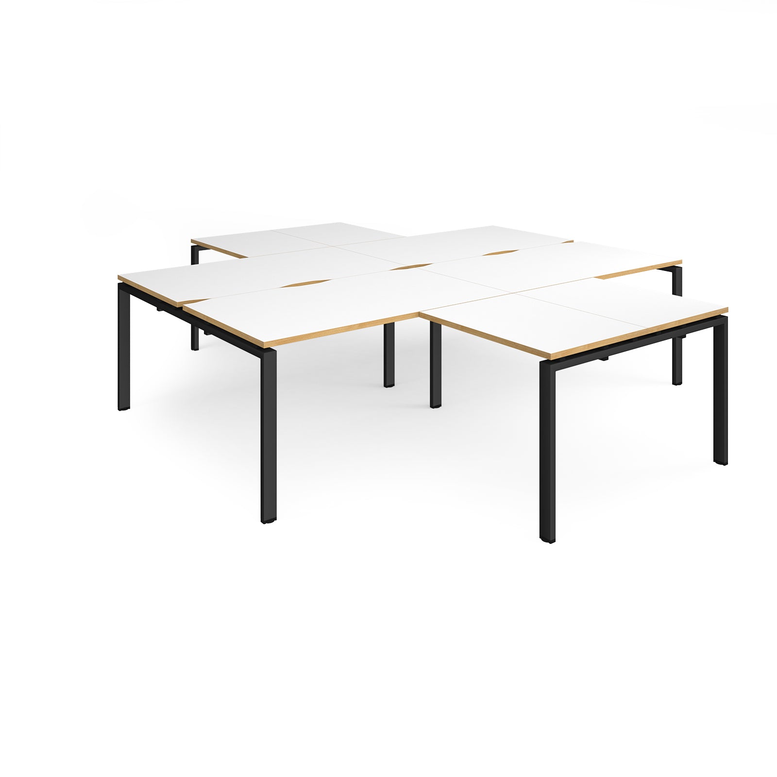 L-shaped office desks cluster with white top with wooden edges and black metal legs on a white background