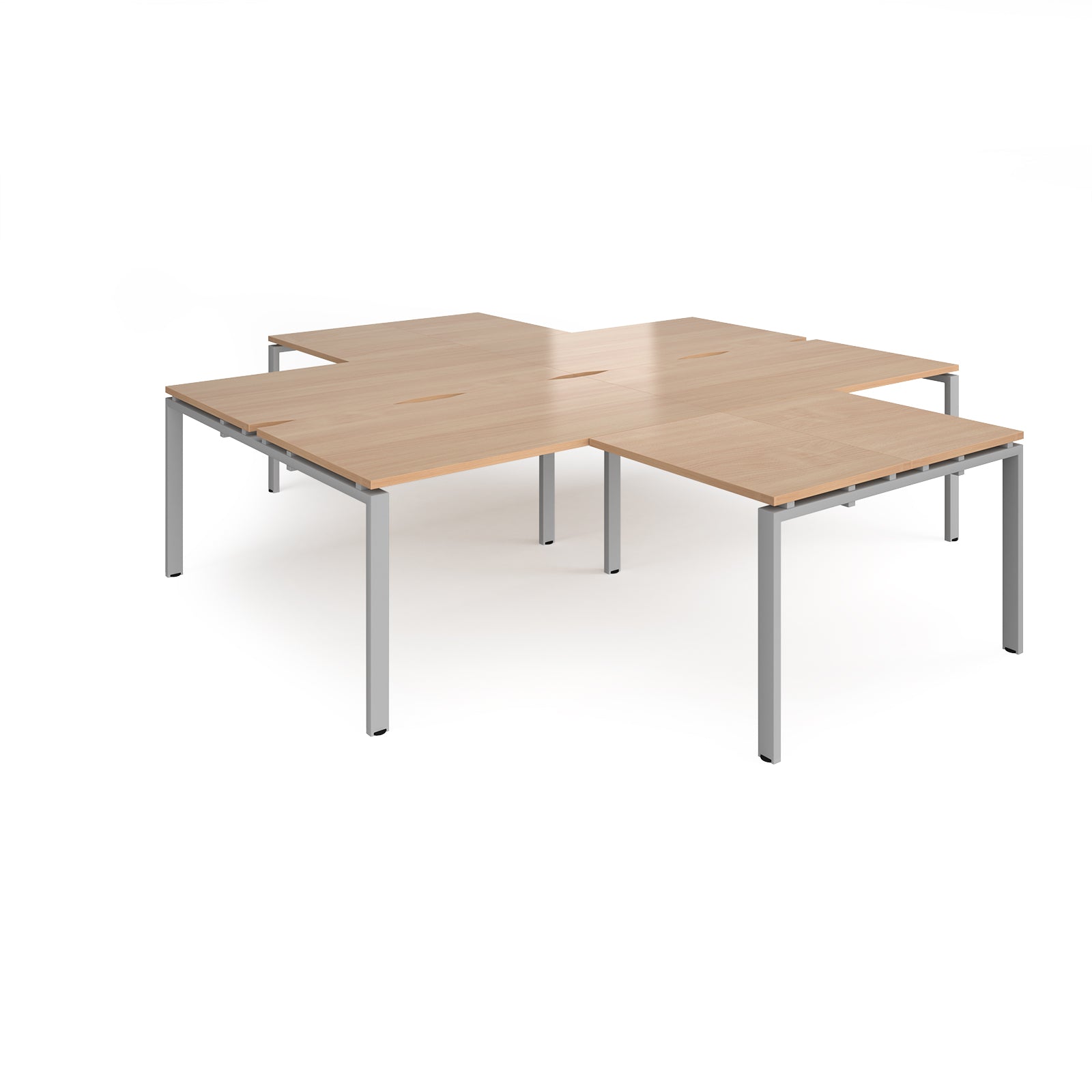 L-shaped office desks cluster with wood-effect top and silver metal legs on a white background