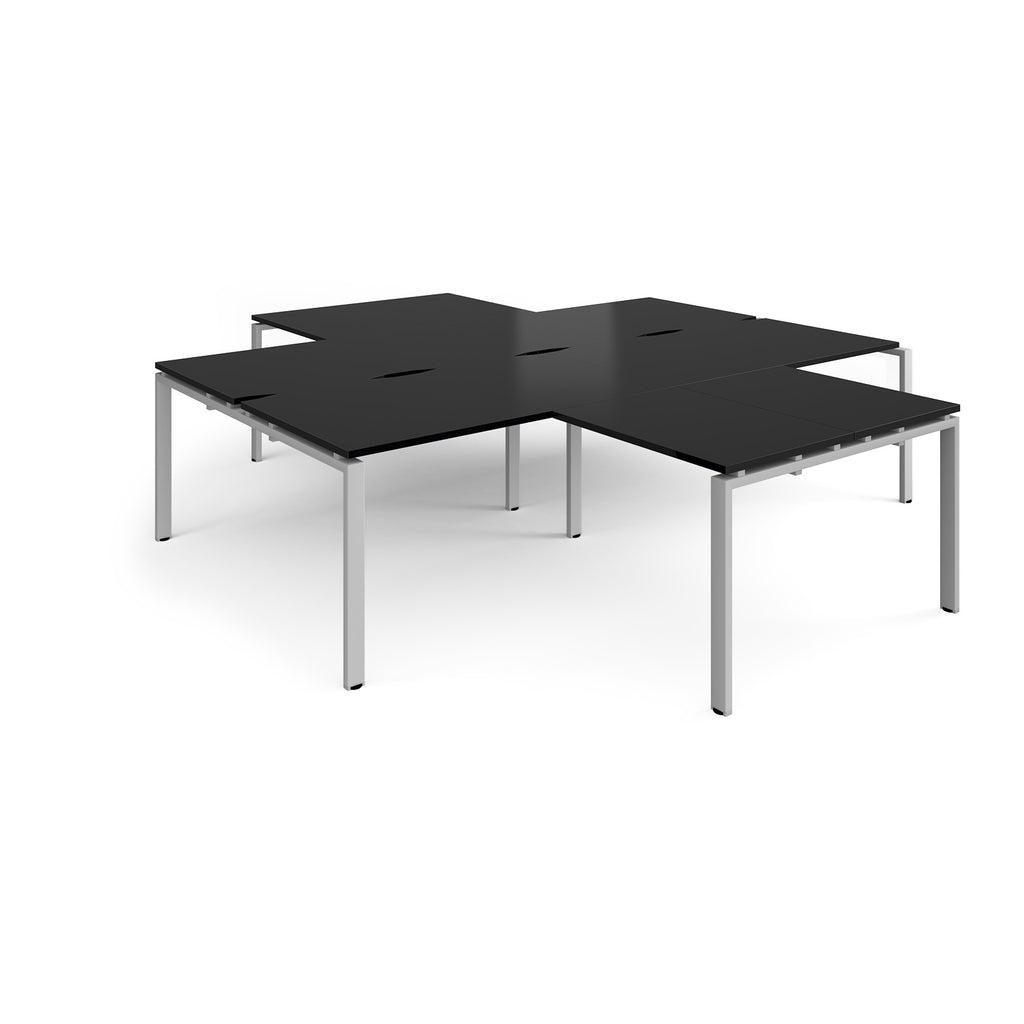 L-shaped office desks cluster with black top and silver metal legs on a white background